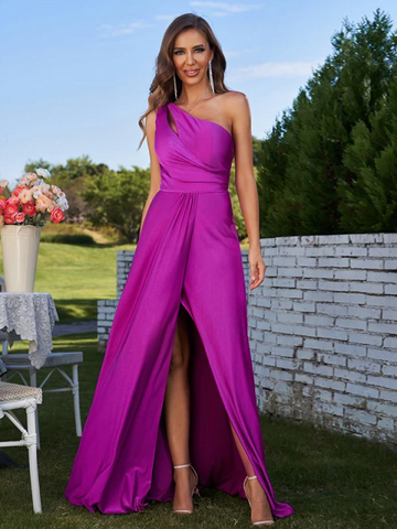 One Shoulder Satin Bridesmaid Dress with Slit - Floor Length Formal Evening Gown