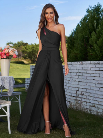 One Shoulder Satin Bridesmaid Dress with Slit - Floor Length Formal Evening Gown