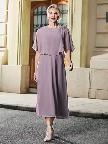 Dusty Lavender Chiffon Mother of the Bride Dress – Round Neck Cape Sleeve Floral Applique
