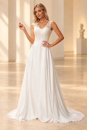Vedress chiffon A-line wedding dress with a soft V-neckline, fitted floral lace bodice, sleeveless lace straps and sweeping train.