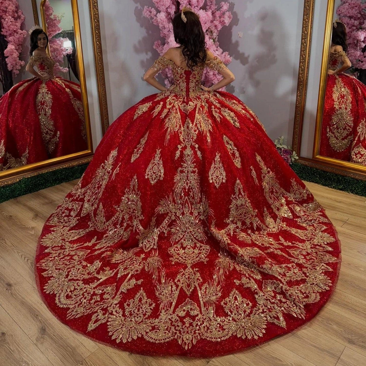 Vedress red glitter quinceanera dress corset back long train gold embroidery back view