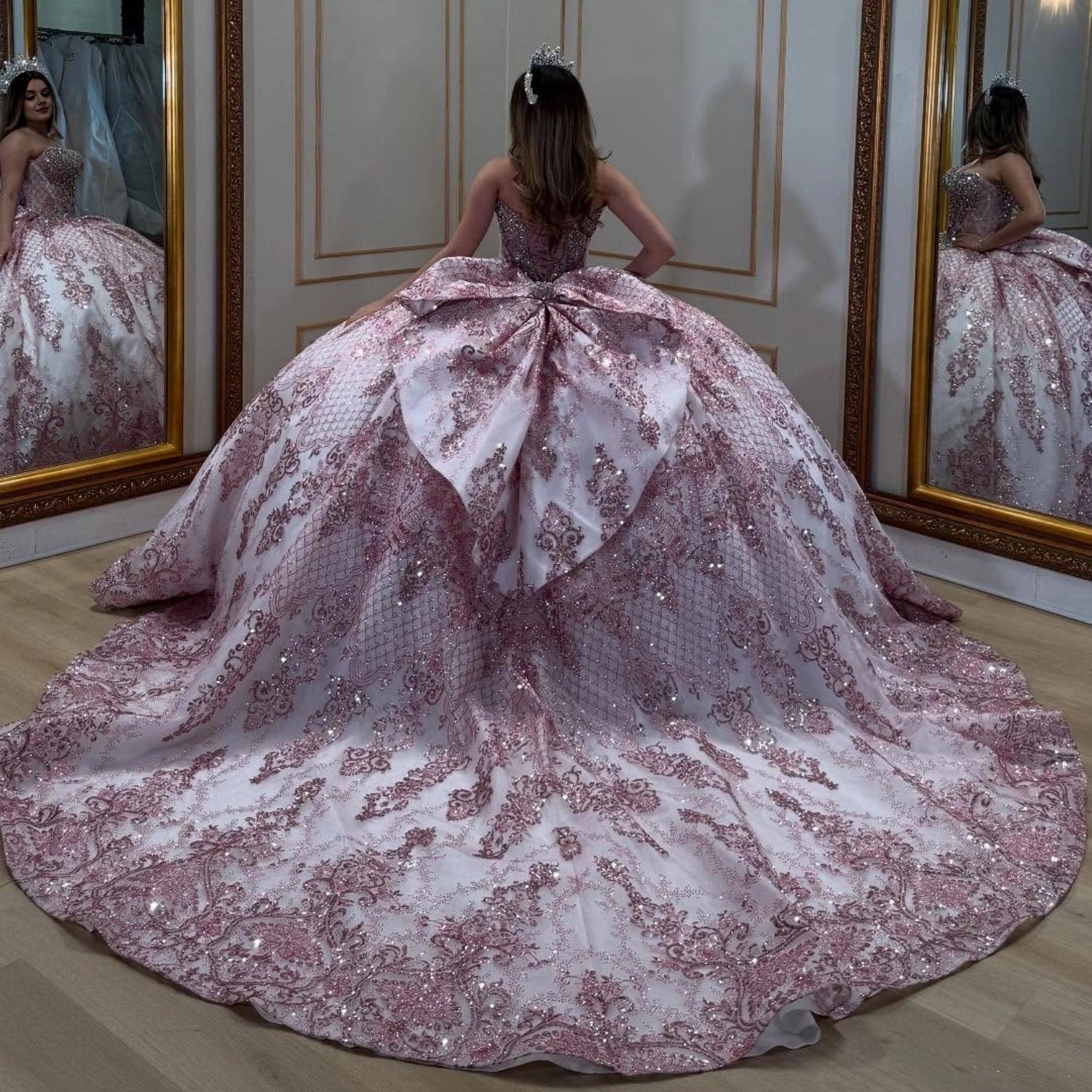 Vedress pink white big bow quinceanera dress corset back long train glitter appliques back view
