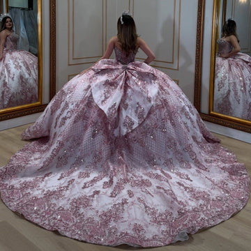 Vedress pink white big bow quinceanera dress corset back long train glitter appliques back view