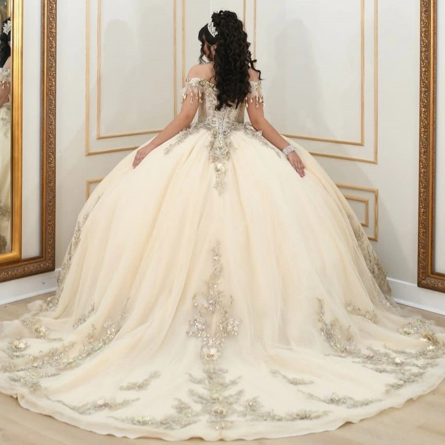 Vedress champagne quinceanera dress lace‑up back cathedral long train silver lace appliques tulle ballgown back view