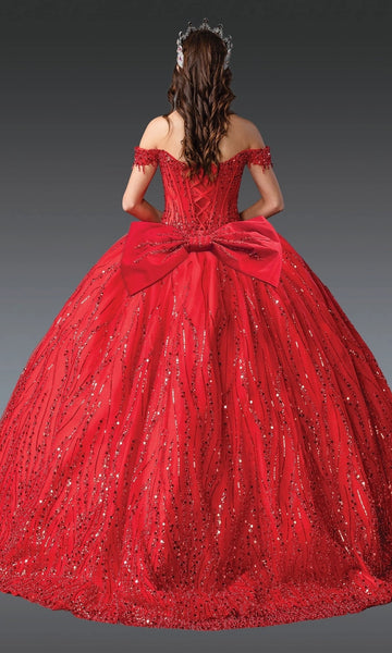 Vedress red sparkly corset‑back quinceanera dress with large bow back view