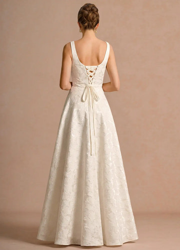 Elegant A-line Square Sleeveless Jacquard Maxi Lace-up Back Wedding Guest Dress