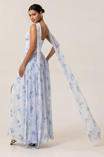 A-Line Sweetheart Neck Floral Sleeveless Floor Length Bridesmaids Dress With Scarf