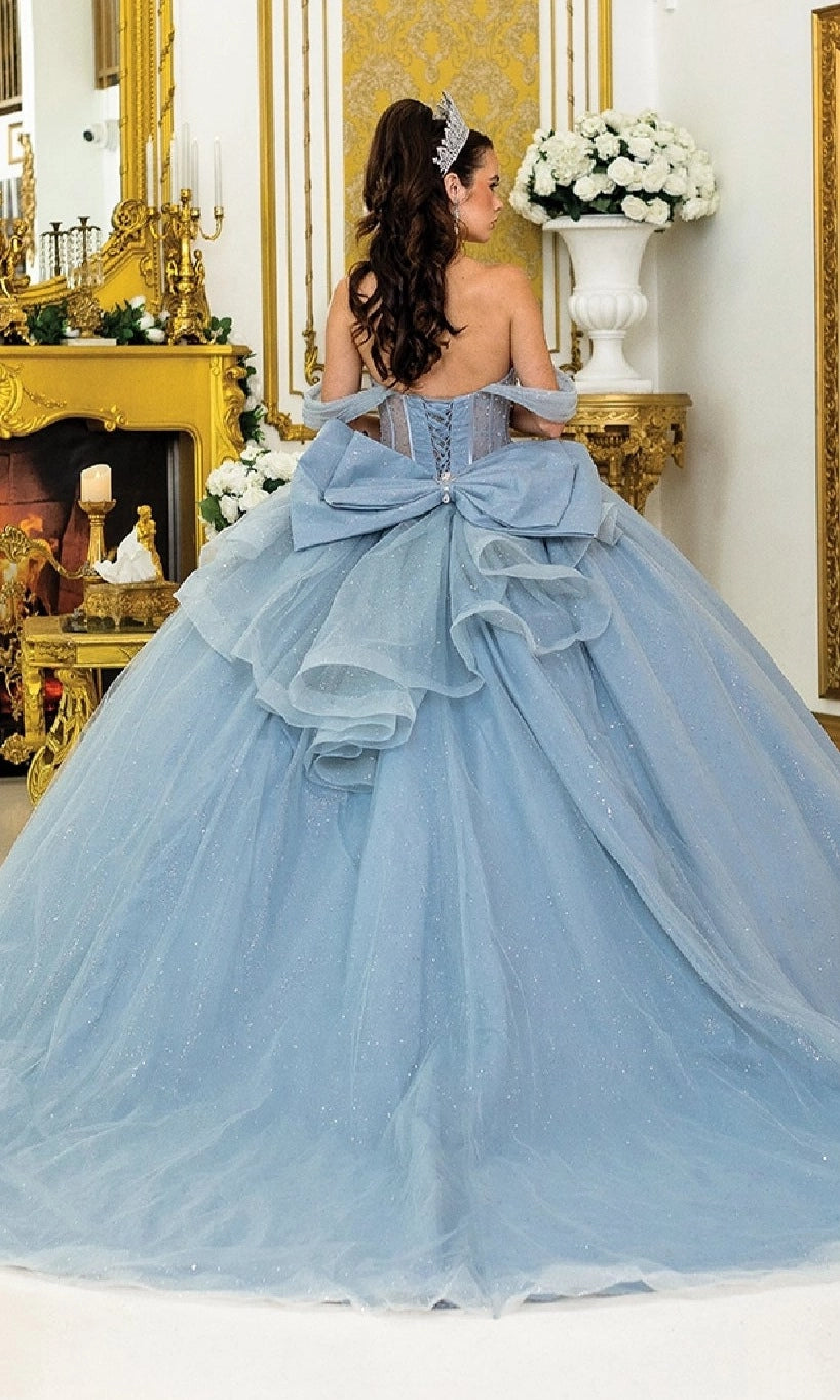 Vedress dusty blue quinceanera ball gown lace‑up corset back big bow floor train dress back view