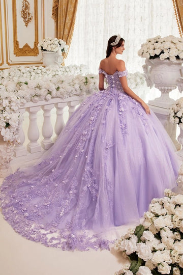 Vedress lavender glitter tulle corset‑back quinceanera dress with lace train back view