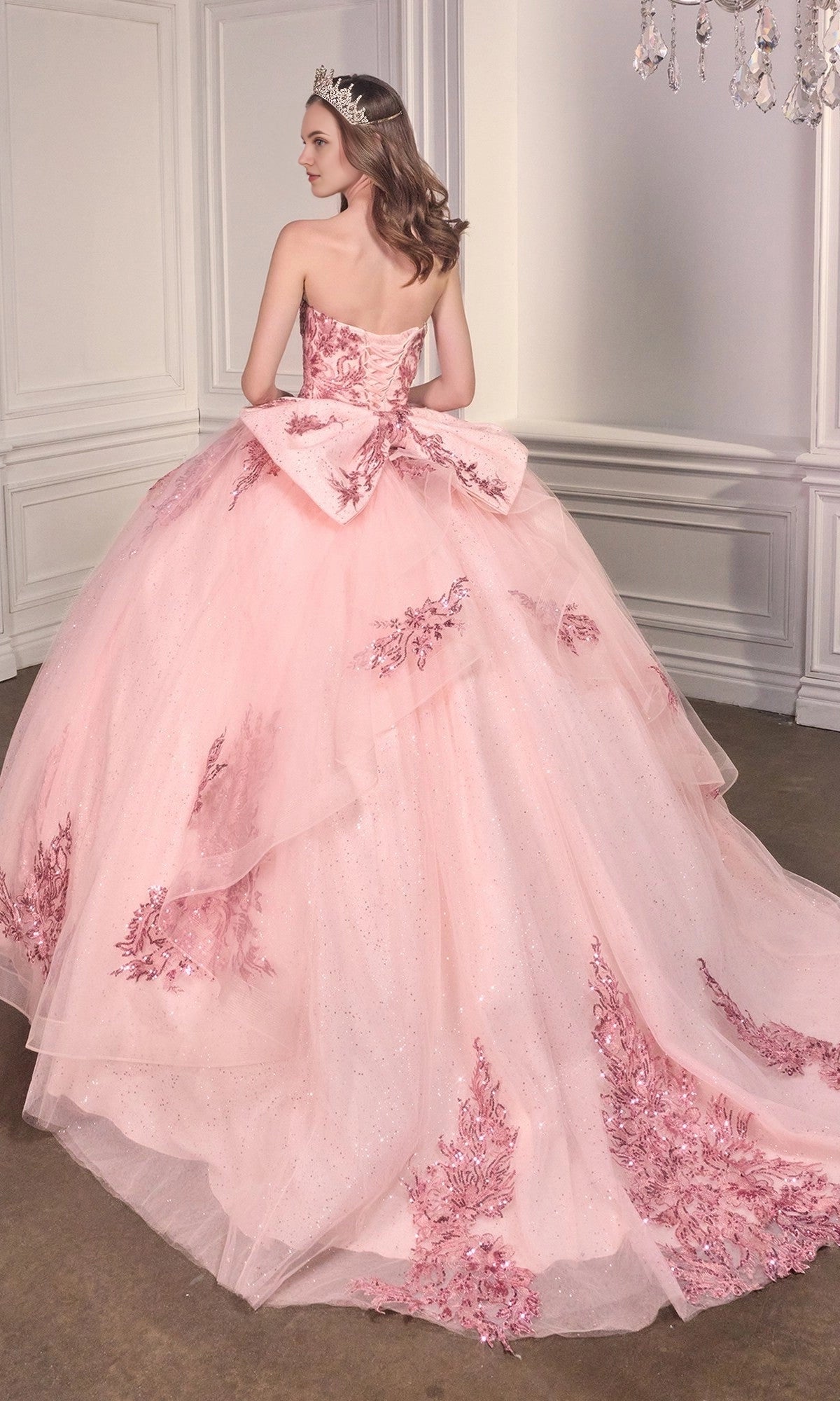 Vedress blush ball gown quince dress lace‑up corset back large bow glitter tulle train back view