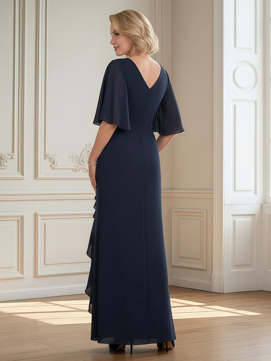 Elegant Navy Blue Chiffon V-Neck Flutter Sleeve Ruffle High Slit Formal Evening Gown
