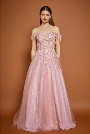 A-line Princess 3D Floral Embellished Off Shoulder Tulle Gown Prom Dress