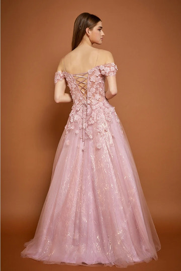 Vestido de gala de tul sin hombros con apliques florales 3D, corte princesa y línea A