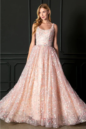 A-line 3D Floral Embellished Square Neck Tulle Ball Gown Prom Dress