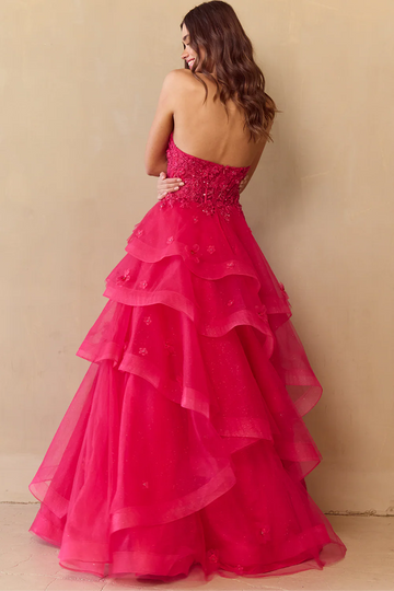 Vestido de gala de tul sin tirantes, corte en A, estilo princesa, con adornos florales en 3D, largo hasta el suelo, para fiesta de graduación