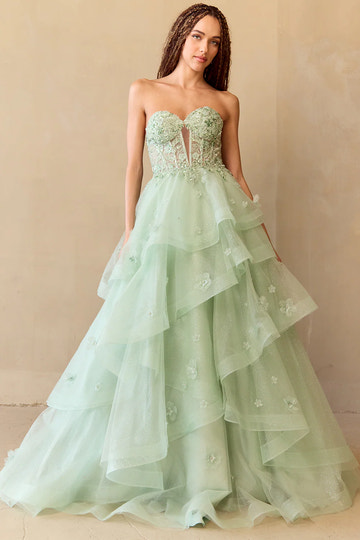 Vestido de gala de tul sin tirantes, corte en A, estilo princesa, con adornos florales en 3D, largo hasta el suelo, para fiesta de graduación