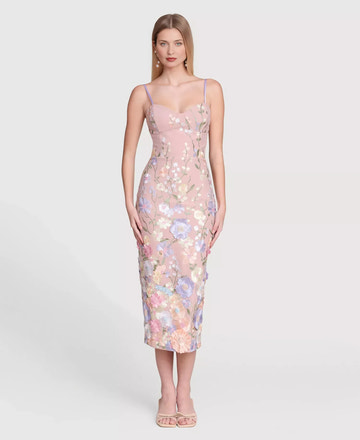 3D Floral Embroidery Sweetheart Neck Midi Cocktail Dress