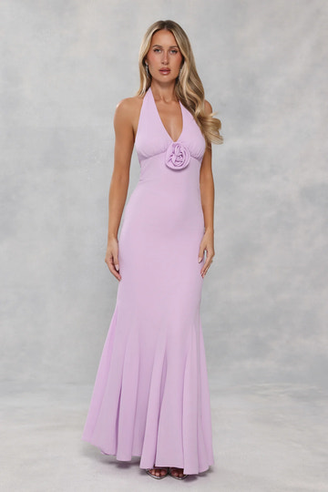 Vestido largo de fiesta de noche formal con cuello halter, espalda descubierta y diseño de flores en 3D tipo sirena