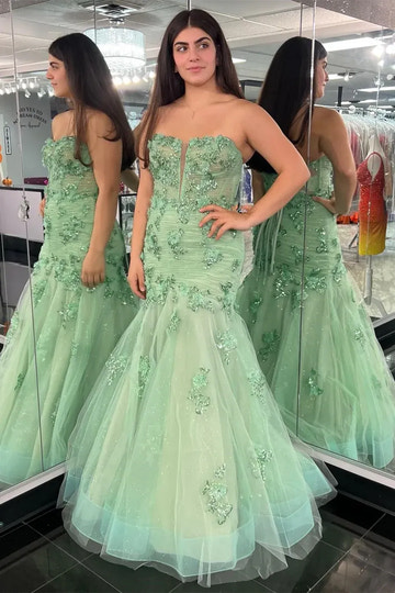 3D Floral Applique Mermaid Strapless Sleeveless Lace-Up Floor-Length Prom Gown
