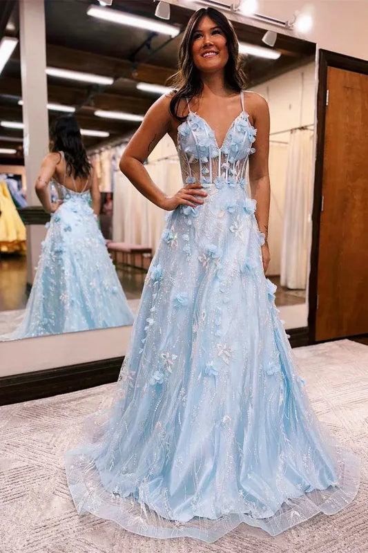 3D Floral Tulle A-Line V-Neck Sleeveless Backless Floor-Length Prom Gown