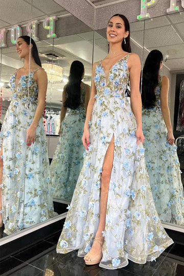 Vestido de gala largo hasta el suelo con escote en V, sin mangas, con espalda descubierta, línea A y tul floral 3D
