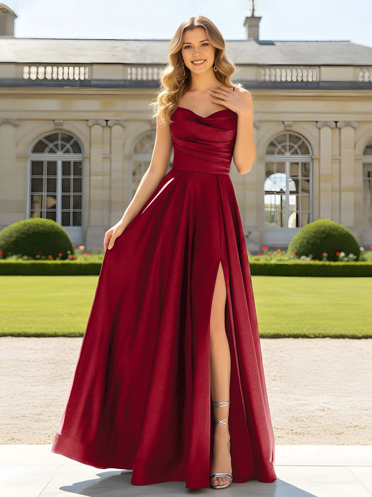 Spaghetti Strap Satin A-Line Evening Gown with High Slit - Formal Prom & Wedding Guest Dress
