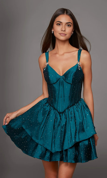 Corset V-Neck Rhinestone Bow Strap Lace-Up Back Layered Ruffled Short Cocktail Homecoming Dress