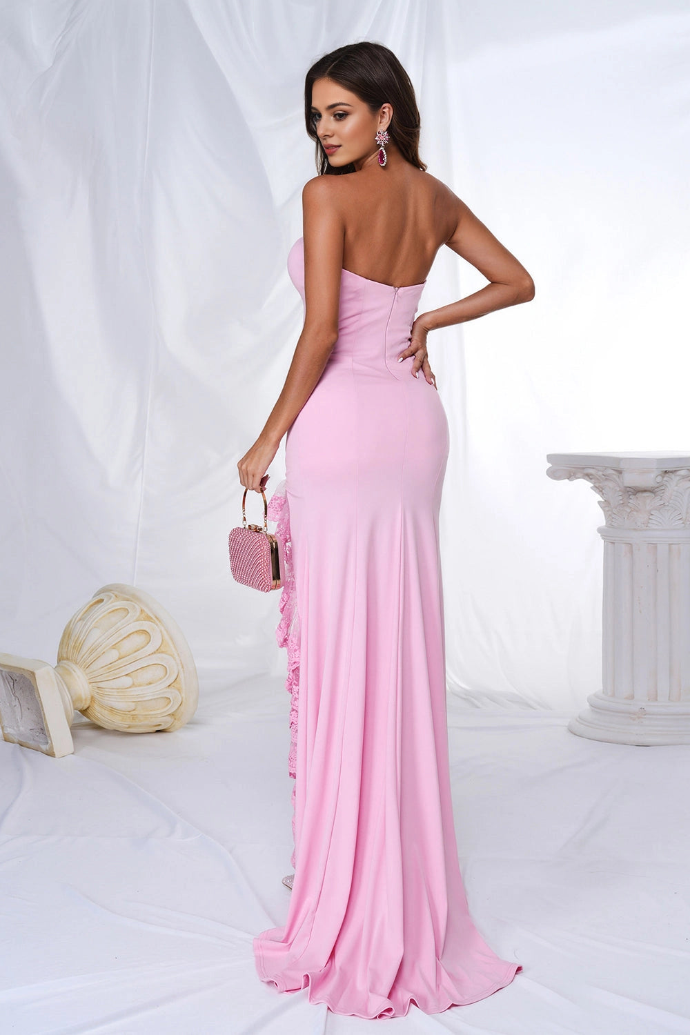 Back view Vedress light pink mermaid prom dress strapless lace long formal gown