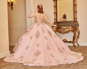 Vedress blush pink quinceañera gown lace-up corset back layered ruffle gold glitter train back view