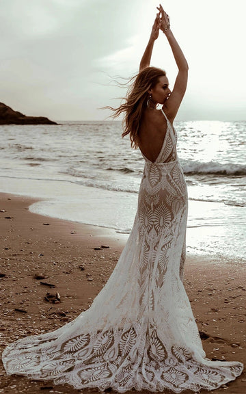 Vedress Boho Palm Lace Deep V-neck Low Open Back Mermaid Beach Wedding Dress