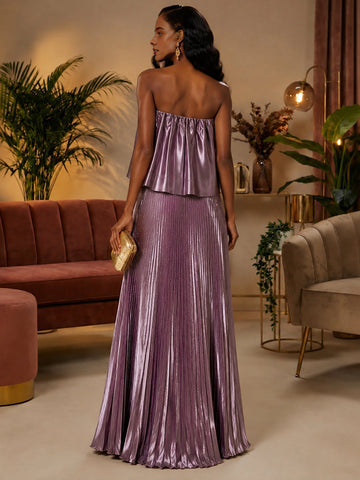 Back view open‑back metallic purple two piece formal prom gown