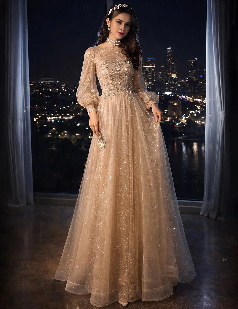 Vedress champagne glitter tulle beaded long sleeve floor length a line prom dress