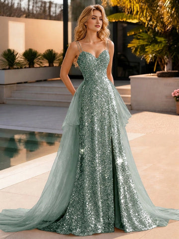 Glam Mermaid Spaghetti Strap Lace Up Back Slit Long Prom Dress
