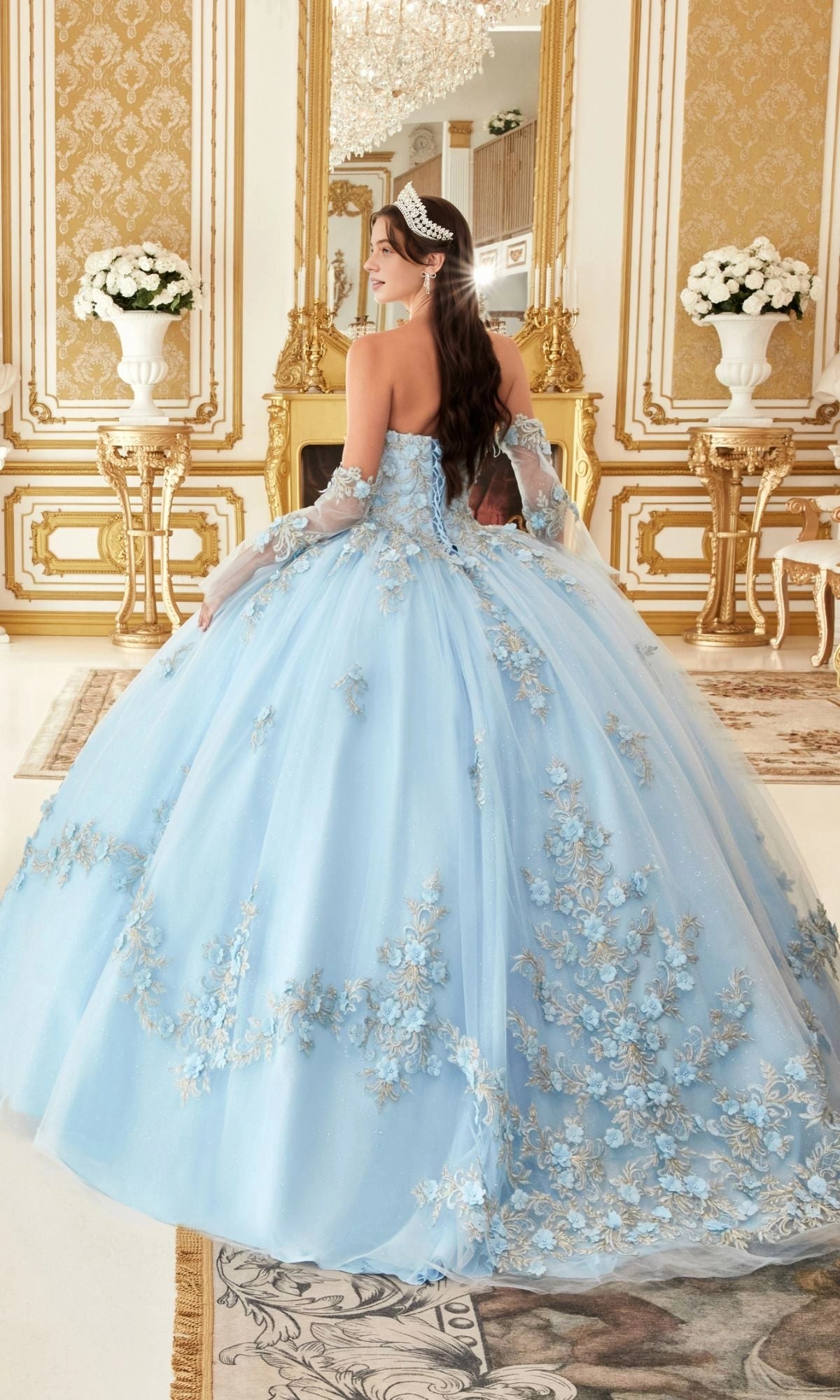Vedress ice blue quinceanera dress lace‑up corset back floor‑length 3D flower ballgown back view