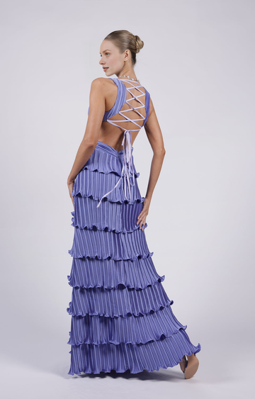 Glamorous Tiered A-Line Deep V-Neck Sleeveless Open Back Floor-Length Evening Gown