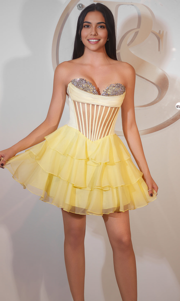 Elegant Sheer Corset Strapless Tiered Mini Homecoming Dress