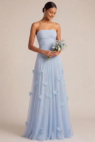 Strapless Ruched Bodice Tulle Gown with 3D Floral Appliqués