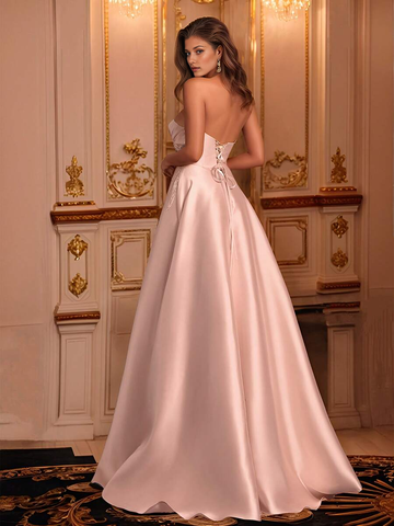 Strapless Sweetheart Neckline Satin Prom Dress - Lace Embellished A-Line Evening Gown with Side Slit