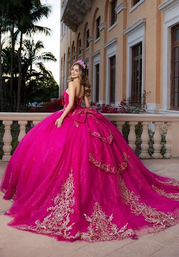 Back view Vedress fuchsia quinceanera gown corset lace-up back oversized bow glitter tulle long train