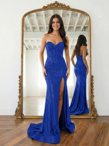 Glamorous Mermaid Sweetheart Strapless Low-Back Floor-Length Sparkly Slit Prom Dress