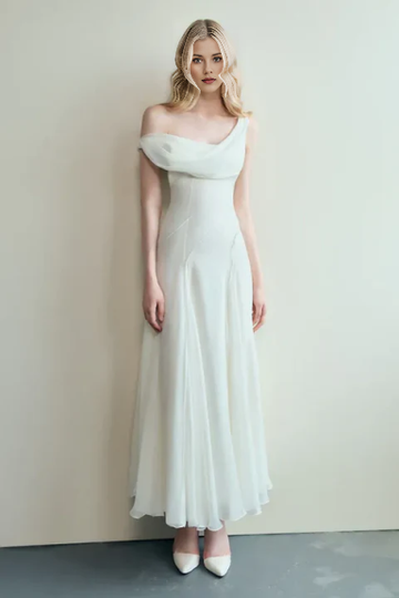 One Shoulder Draped Cowl Neck Chiffon Mermaid Maxi Wedding Dress