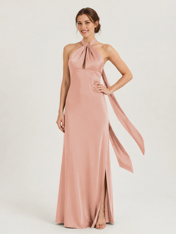 Halter Neck Keyhole Satin Mermaid Bridesmaid Dress with Back Bow & High Slit