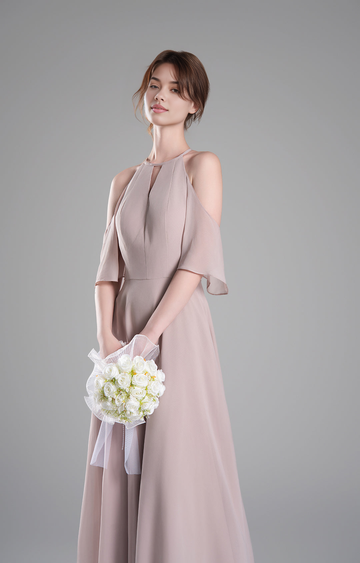 Elegant A-Line Halter Cold Shoulder Short Sleeve Open Back Chiffon Floor-Length Bridesmaid Dresses