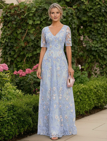 V-Neck Half Sleeve Floral Embroidered Tulle A-Line Floor-Length Mother of the Bride Dress