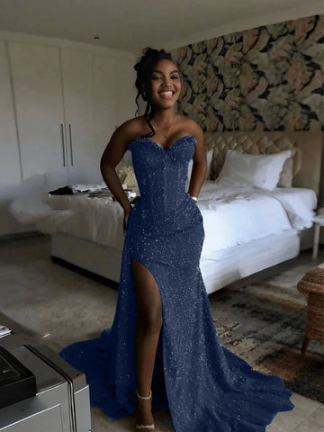 Glamorous Mermaid Sweetheart Strapless Lace-Up Back Floor-Length Sparkly Prom Dress
