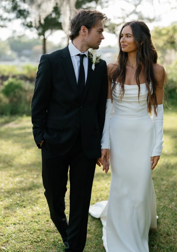 Classic Mermaid Strapless Satin Charmeuse Solid White Bridal Gown Wedding Dress with Sweep Train