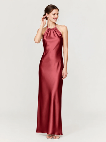 Halter Neck Satin Mermaid Bridesmaid Dress with Tie Back