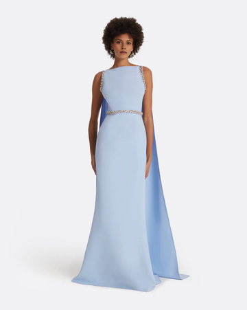 Bateau Neck Crystal Embellished Cape Sleeve Mermaid Evening Gown