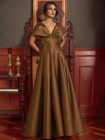 Luxurious A-Line Deep V Cap Sleeve Zip Back Long Prom Dress