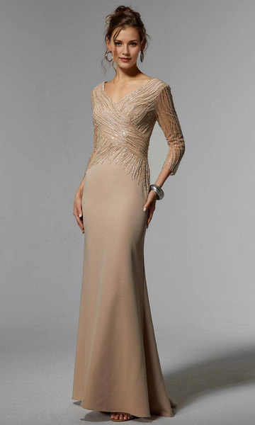 Beaded Mermaid Evening Gown - 3/4 Sleeve V-Neck Floor-Length Formal Dress